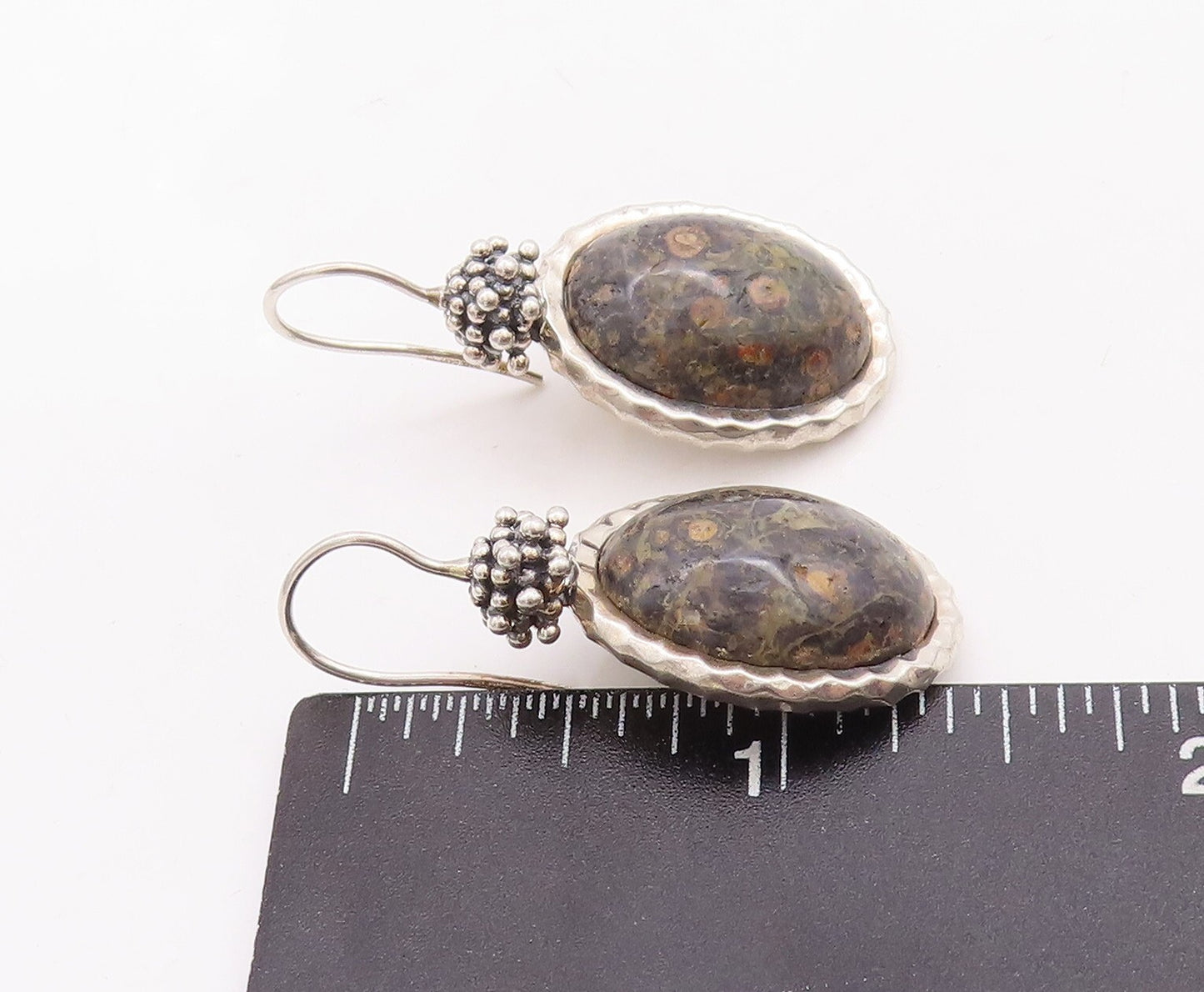 925 Sterling Silver Vintage Earrings Beaded Top Oval Fossil Agate  EG13113