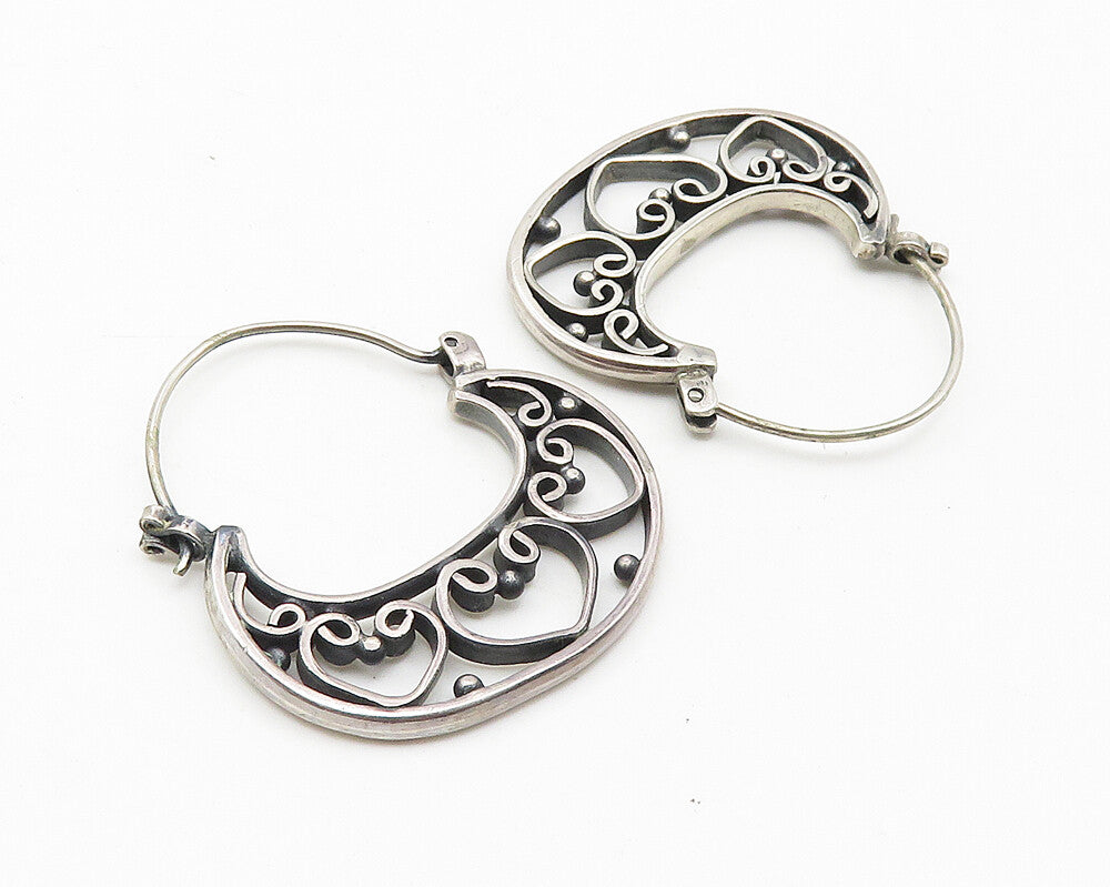 925 Sterling Silver  Vintage Dark Tone Love Heart Swirl Hoop Earrings  EG5774