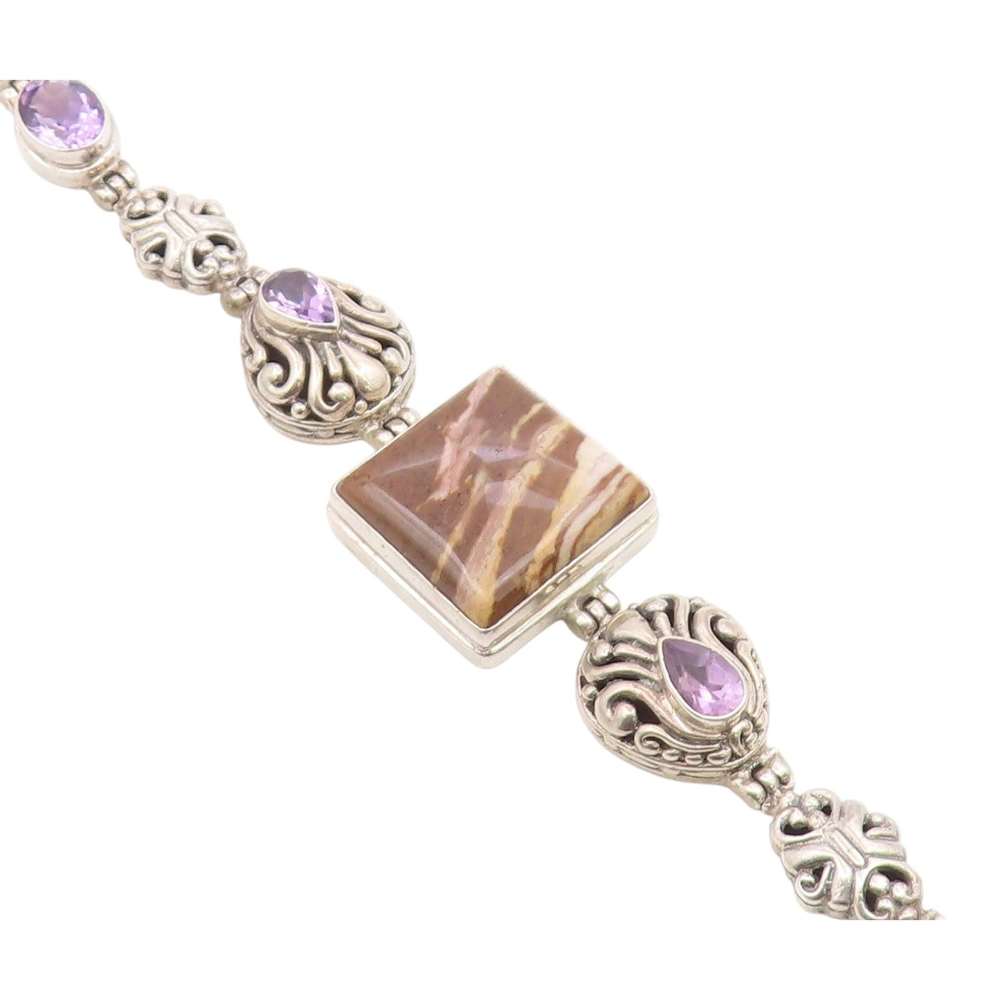 925 Sterling Silver  Vintage Brown Jasper & Amethyst Chain Bracelet  BT3896