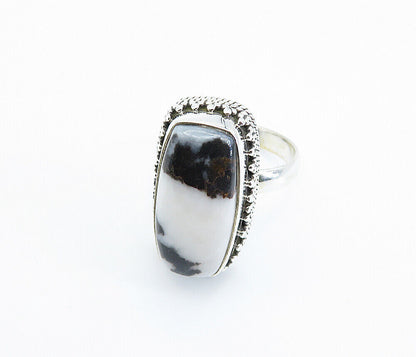 925 Sterling Silver  Cabochon Black & White Jasper Cocktail Ring Sz 8  RG8211