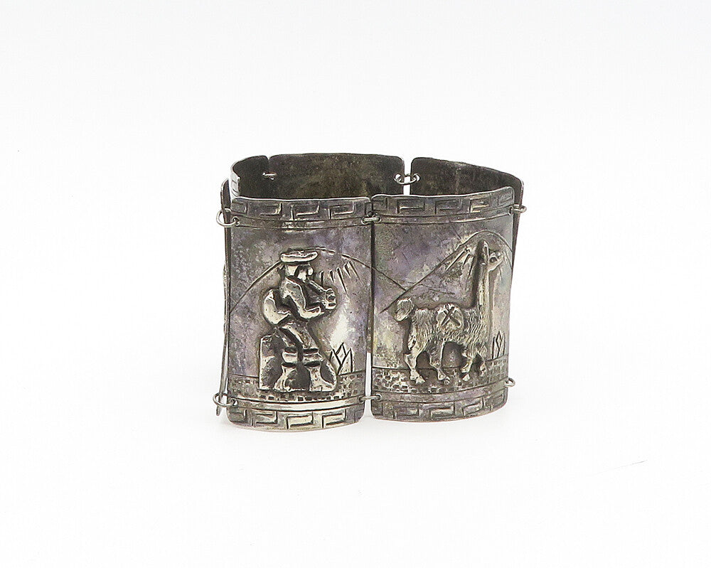 925 Sterling Silver  Vintage Oxidized Storyteller Panel Chain Bracelet  BT7002