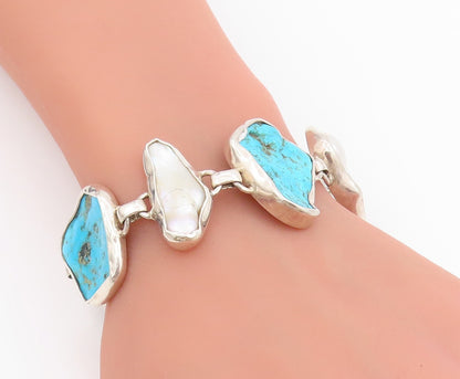 925 Sterling Silver Vintage Bracelet Modernist Pearl & Turquoise Link  BT11637