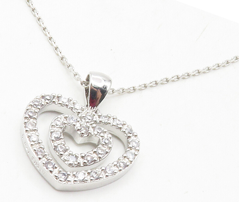 925 Sterling Silver  Shiny Topaz Open Double Love Heart Chain Necklace  NE2041