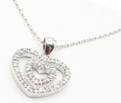 925 Sterling Silver  Shiny Topaz Open Double Love Heart Chain Necklace  NE2041