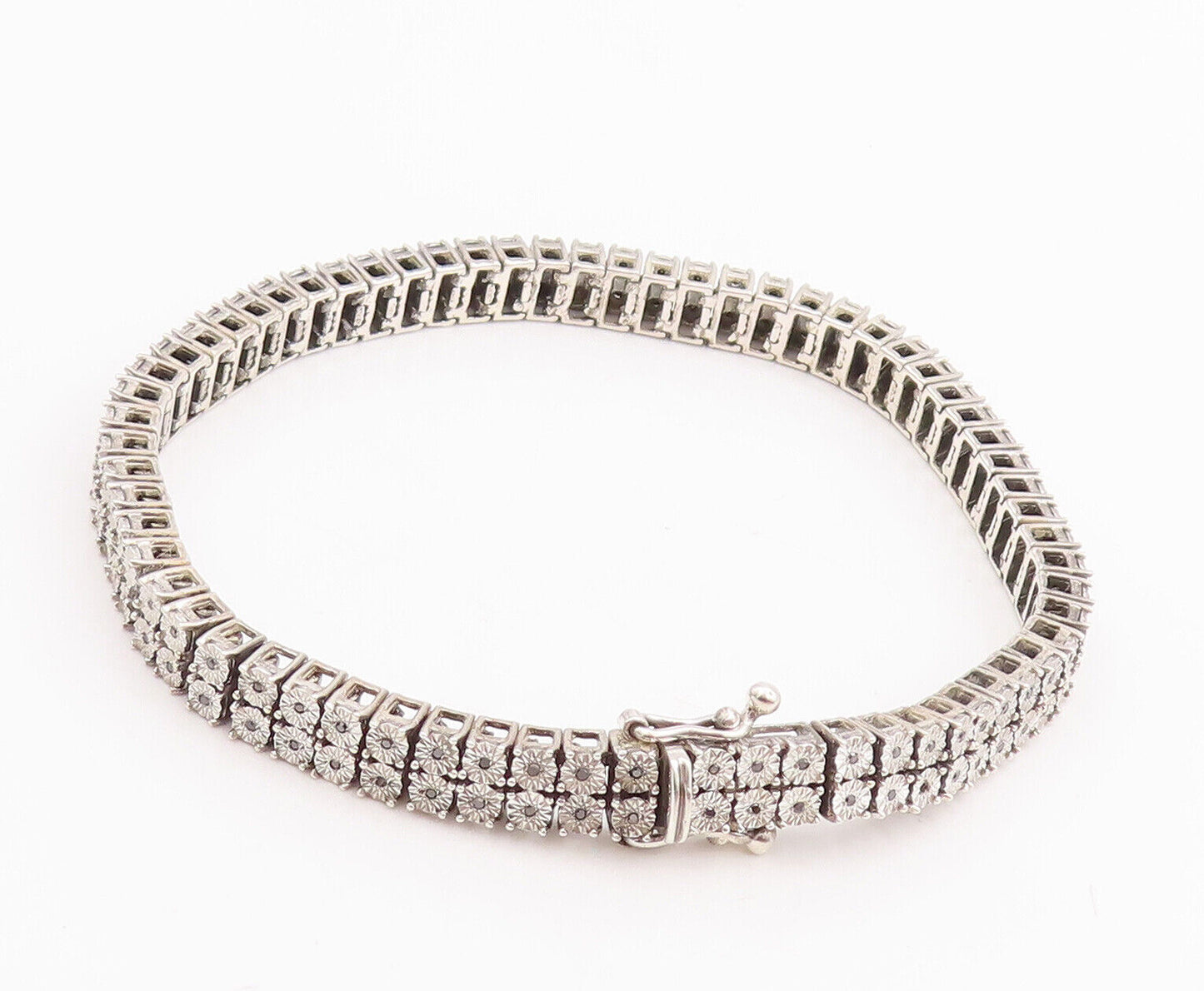 925 Sterling Silver Vintage Bracelet Floral Etched Band Black Diamonds  BT10630