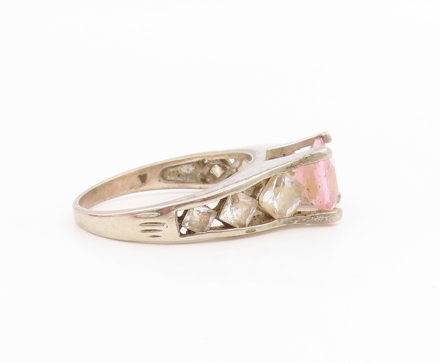 925 Sterling Silver Vintage Ring Classic Pink & White Topaz Band  Sz 7  RG35933