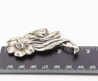 925 Sterling Silver  Vintage Etched Blooming Flowers Motif Brooch Pin  BP3225