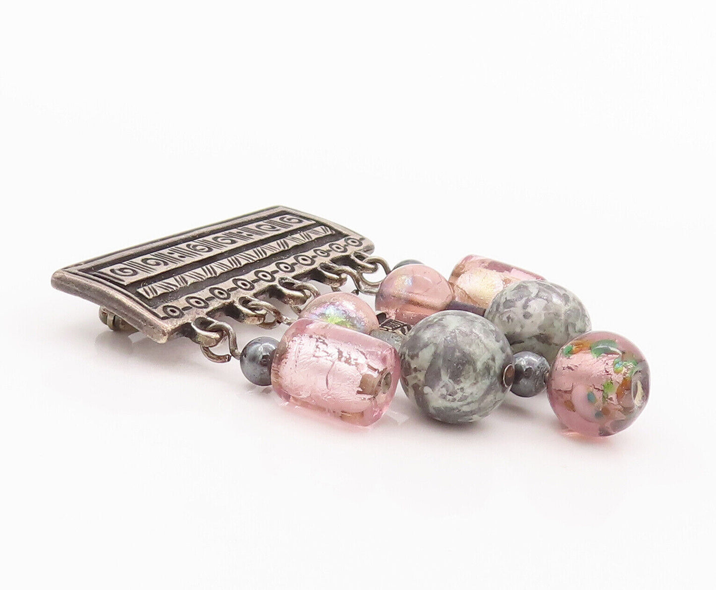 925 Sterling Silver Vintage Brooch Pin Carved Plate & Dangling Beads  BP10822