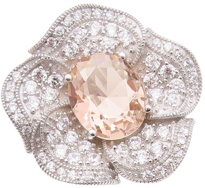 925 Sterling Silver Vintage Ring Morganite & CZ Carved Flower   Sz 7.5  RG29956