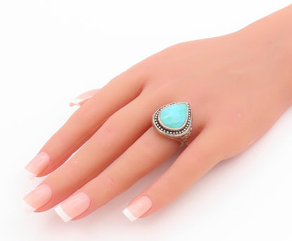 925 Sterling Silver Vintage Ring Drop Cut Turquoise Bead Border  Sz 6  RG33316