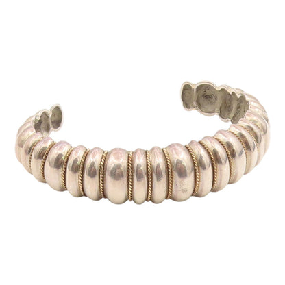 14k Gold & 925 Sterling Silver Vintage Bracelet Chunky Fluted Dome Cuff  BT12143