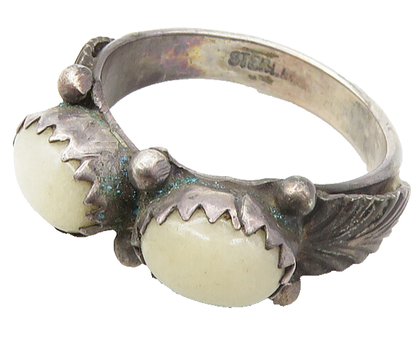 NAVAJO 925 Sterling Silver  Vintage White Agate Floral Band Ring Sz 5  RG10143