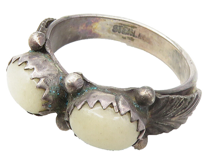 NAVAJO 925 Sterling Silver  Vintage White Agate Floral Band Ring Sz 5  RG10143