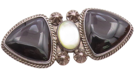 REVE 925 Silver  Vintage Black Onyx & Mother Of Pearl Twist Brooch Pin  BP8087