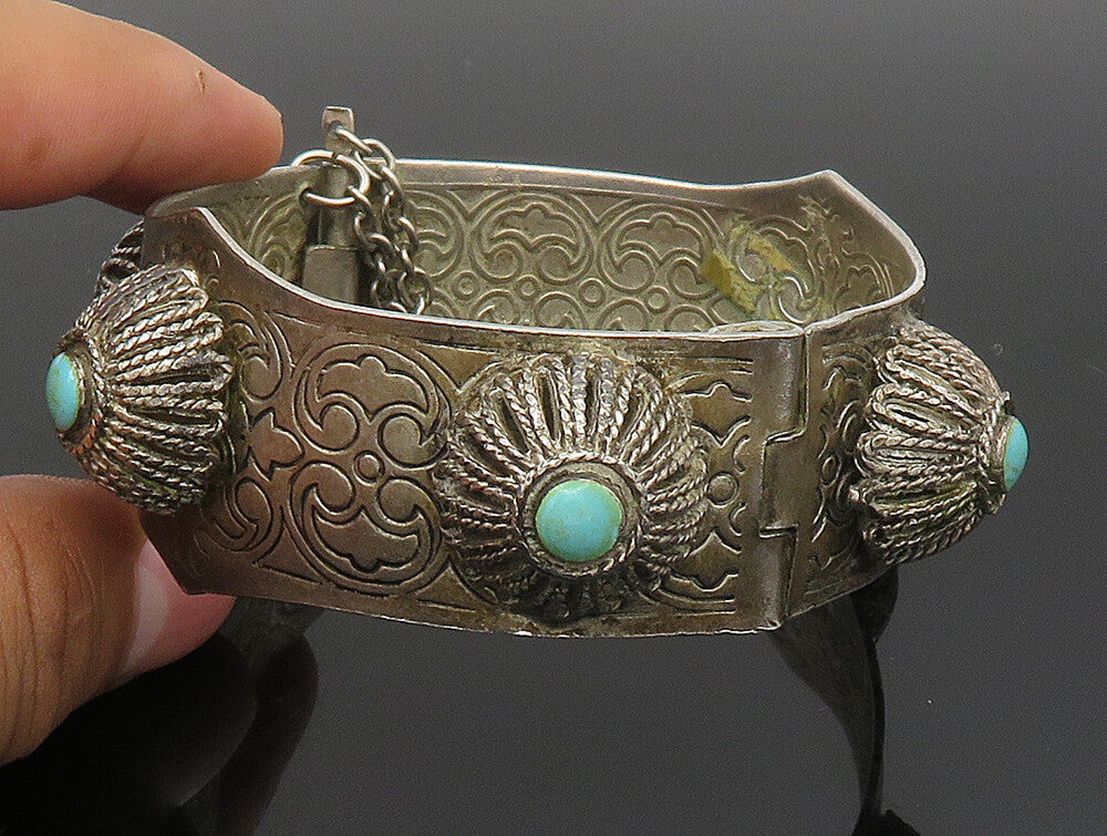 MIDDLE EAST 925 Silver  Vintage Floral Turquoise Etched Bangle Bracelet BT9366