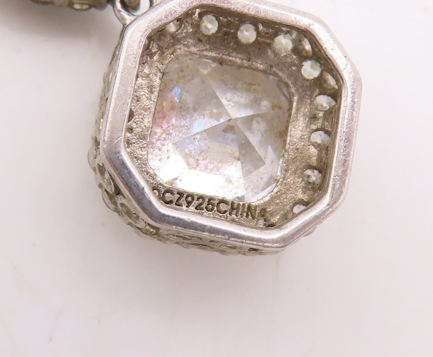 925 Sterling Silver Vintage Necklace Square Topaz & Triangle Sapphire  NE4378