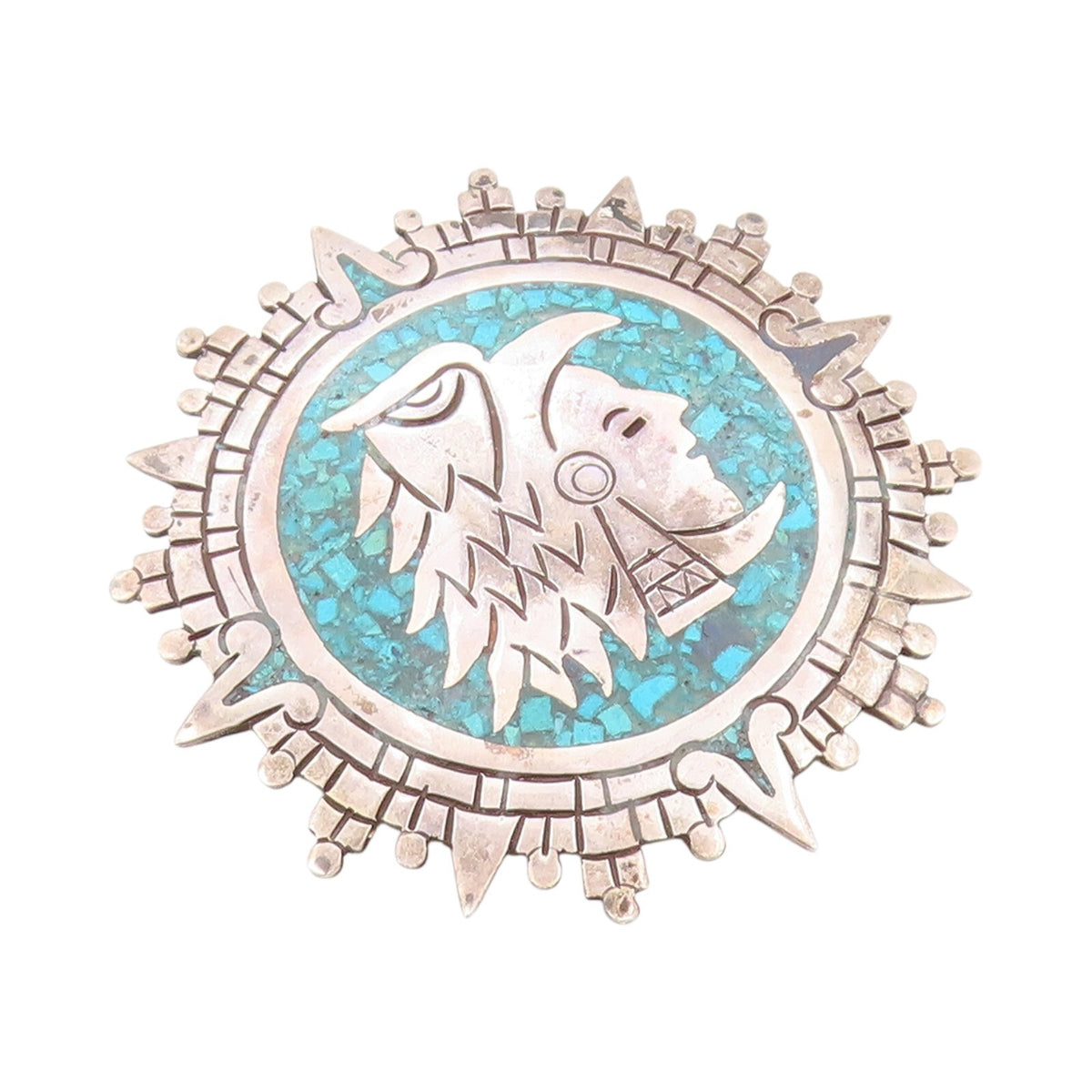 925 Sterling Silver Vintage Brooch MEXICO Crushed Turquoise Man Face  BP11540