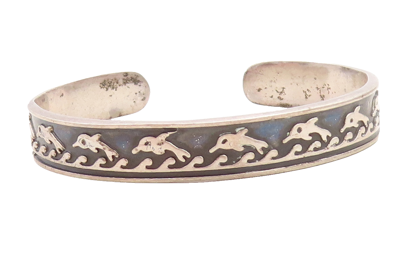 MEXICO 925 Sterling Silver  Vintage Oxidized Dolphin Cuff Bracelet  BT2514