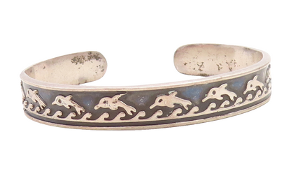MEXICO 925 Sterling Silver  Vintage Oxidized Dolphin Cuff Bracelet  BT2514