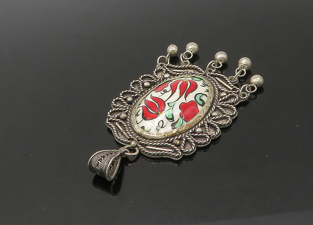 925 Sterling Silver  Vintage Enamel Floral Art Dangling Twist Pendant  PT18404