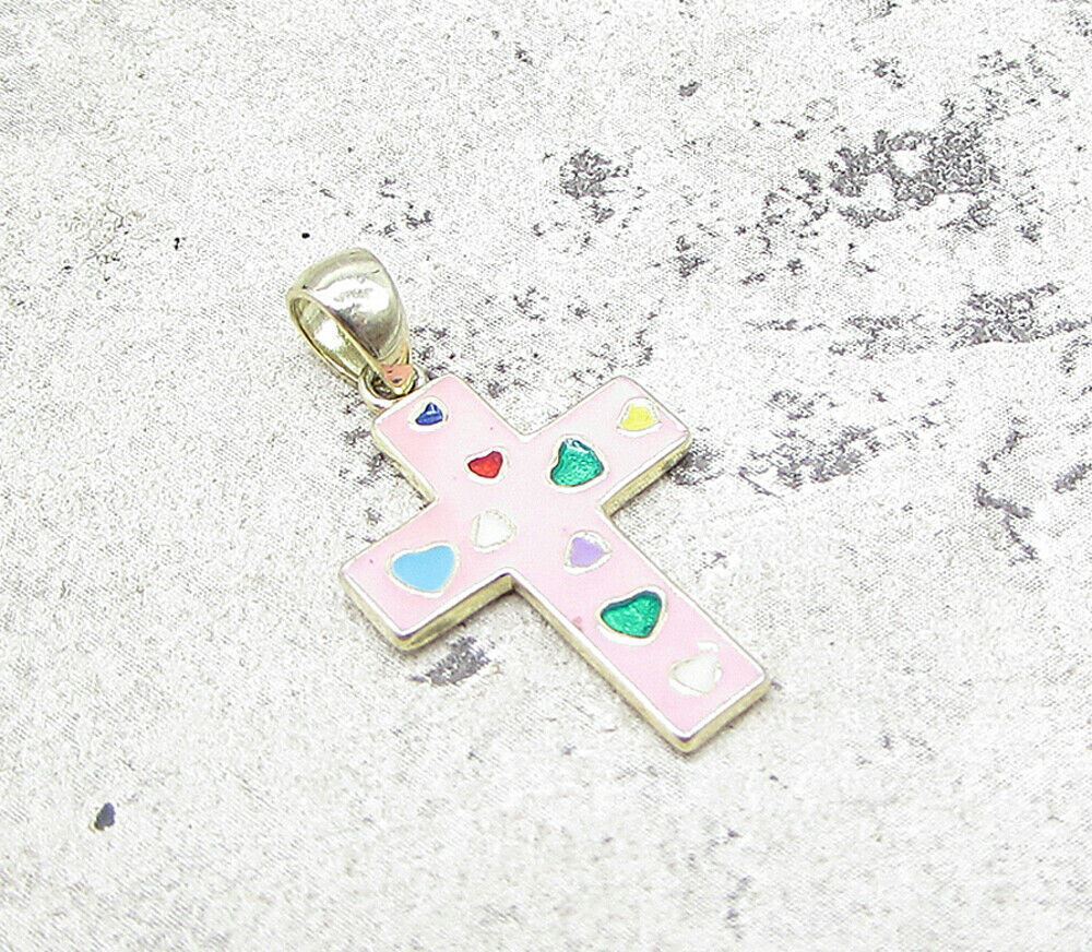 Gold Over 925 Sterling Silver Love Hearts Enamel Cross Drop Pendant PT1199