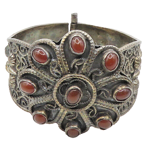 MIDDLE EAST 925 Sterling Silver Vintage Antique Carnelian Bangle Bracelet BT7243