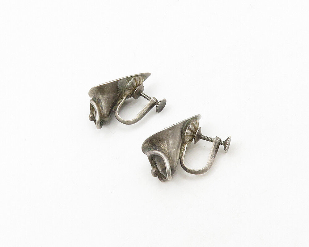 925 Sterling Silver  Vintage Dark Tone Flower Non Pierce Earrings  EG9087
