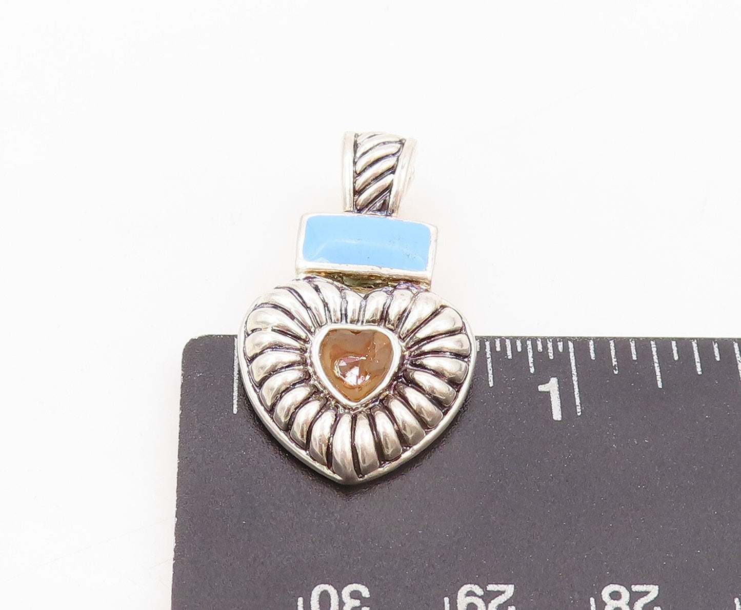 925 Sterling Silver Vintage Pendant Solid Gemstone Inlay Grooved Heart  PT23898