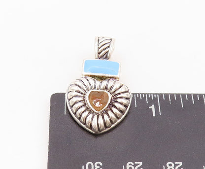 925 Sterling Silver Vintage Pendant Solid Gemstone Inlay Grooved Heart  PT23898