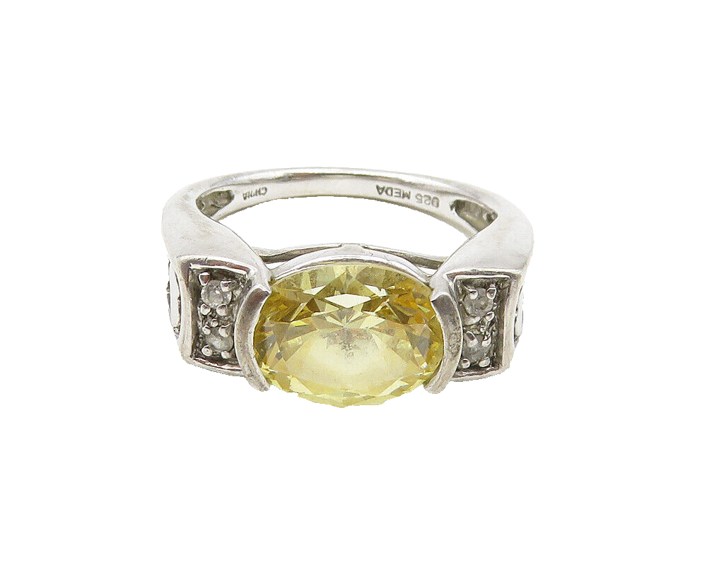 MEDA 925 Silver  Yellow Cubic Zirconia Love Hearts Band Ring Sz 7  RG17870
