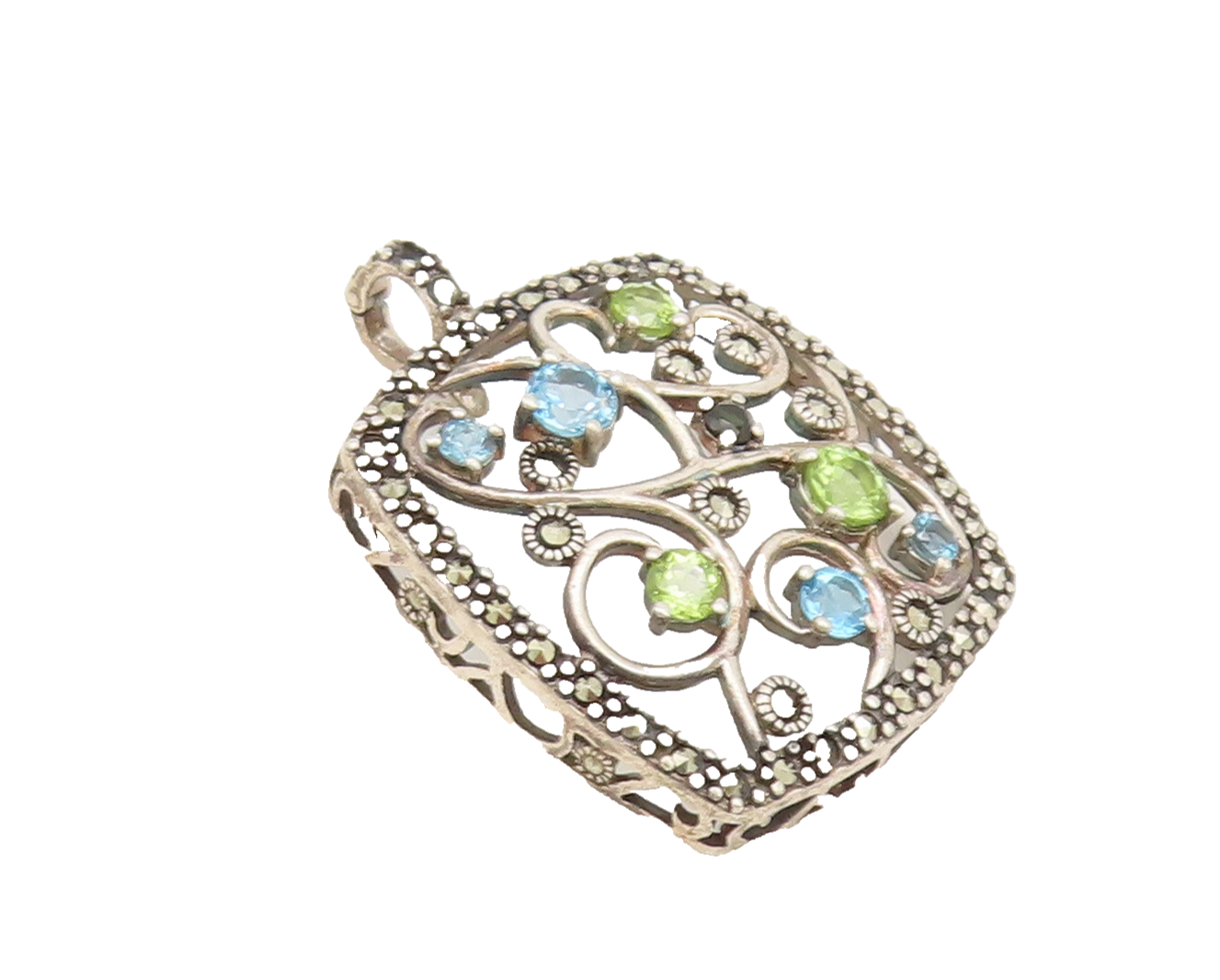 925 Sterling Silver Vintage Pendant Beaded Frame Topaz Peridot Swirls  PT22512