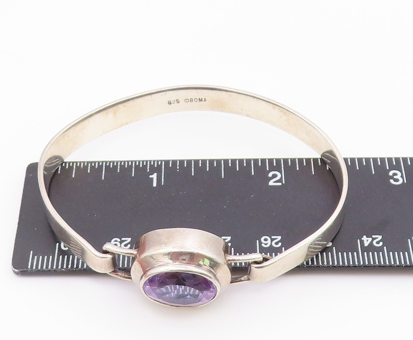 BOMA 925 Sterling Silver Vintage Inlaid Oval Amethyst Bangle Bracelet BT9632