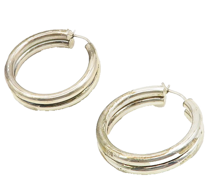 925 Sterling Silver Vintage Shiny Smooth Ribbed Round Hoop Earrings  EG9319