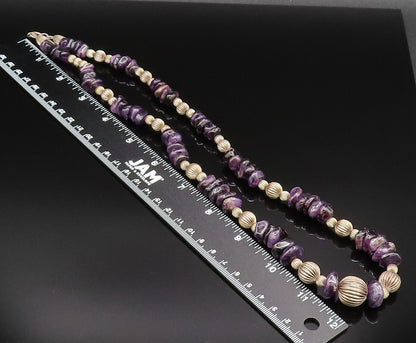 925 Sterling Silver  Vintage Ribbed Sphere & Charoite Pattern Necklace  NE3909