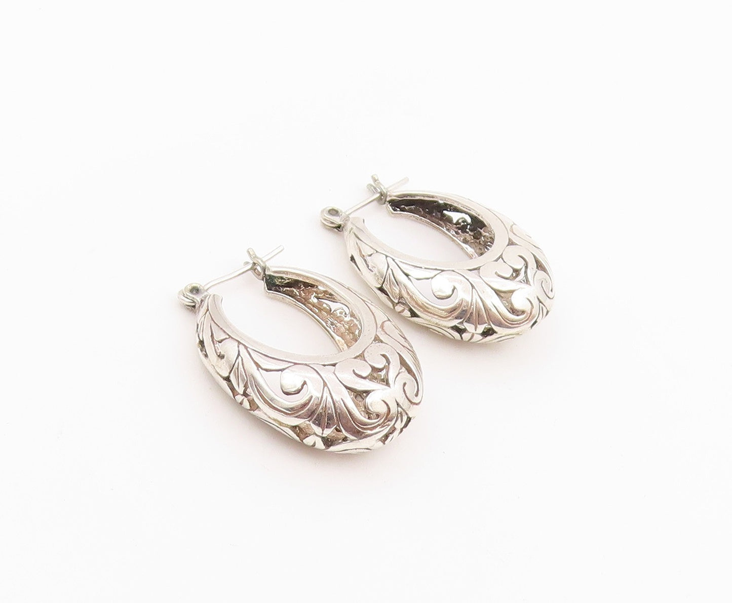 925 Sterling Silver Vintage Earrings Classic Openwork Scroll Hoops  EG14463