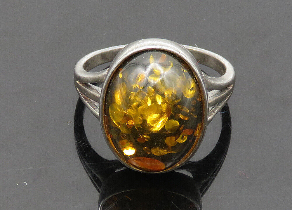 925 Sterling Silver  Vintage Cabochon Cut Amber Cocktail Ring Sz 7  RG20749