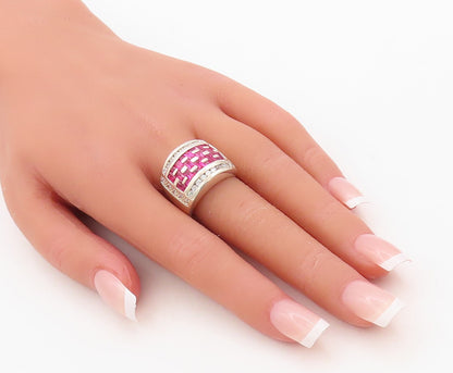 925 Sterling Silver Vintage Ring Designer Pink & White CZ Inlay  Sz 7  RG31113