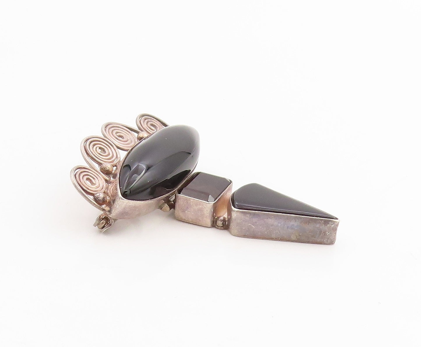 925 Sterling Silver Vintage Brooch SAJEN Smoky Quartz & Onyx Swirly Pin  BP11955