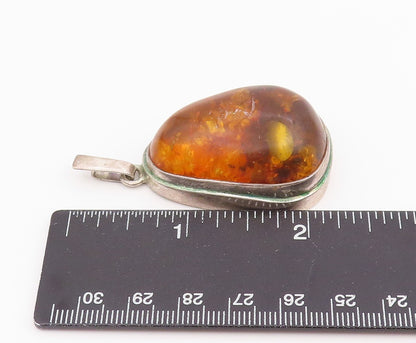 925 Sterling Silver Vintage Pendant Cabochon Honey Amber Solid Teardrop  PT26037