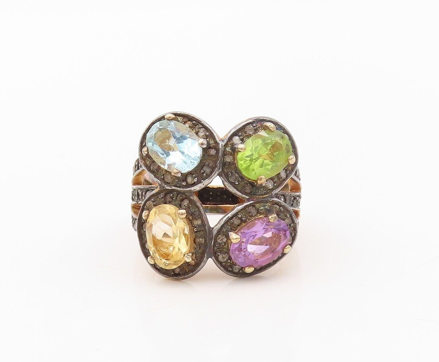 925 Sterling Silver Vintage Ring Gold Plated Diamonds & Gemstones  Sz 7  RG30239