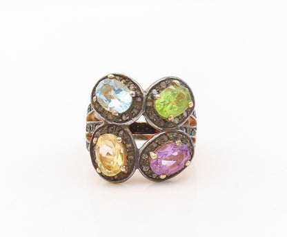 925 Sterling Silver Vintage Ring Gold Plated Diamonds & Gemstones  Sz 7  RG30239