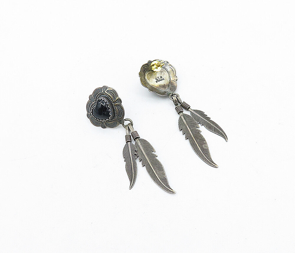 Q.T. NAVAJO 925 Silver  Vintage Black Onyx Love Heart Dangle Earrings  EG2189