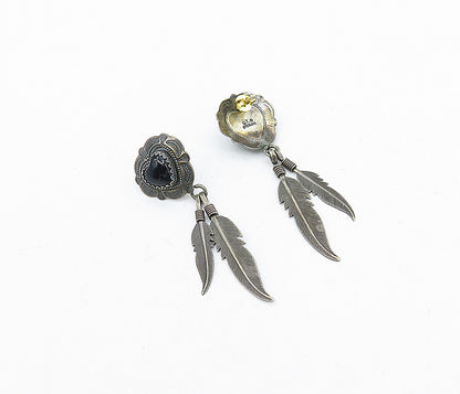 Q.T. NAVAJO 925 Silver  Vintage Black Onyx Love Heart Dangle Earrings  EG2189