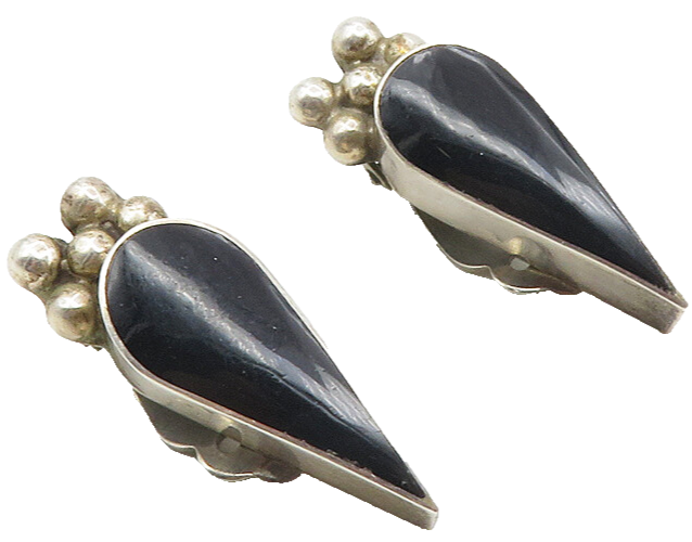 MEXICO 925 Sterling Silver  Vintage Black Onyx Non Pierce Earrings  EG5229