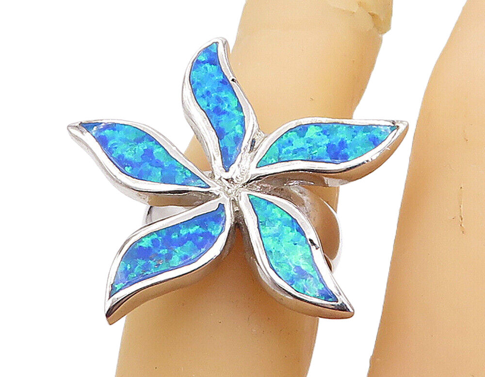 925 Sterling Silver  Inlaid Blue Fire Opal Flower Cocktail Ring Sz 6  RG7815
