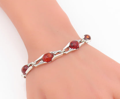 925 Sterling Silver Vintage Bracelet Cabochon Honey Amber Link Chain  BT11536