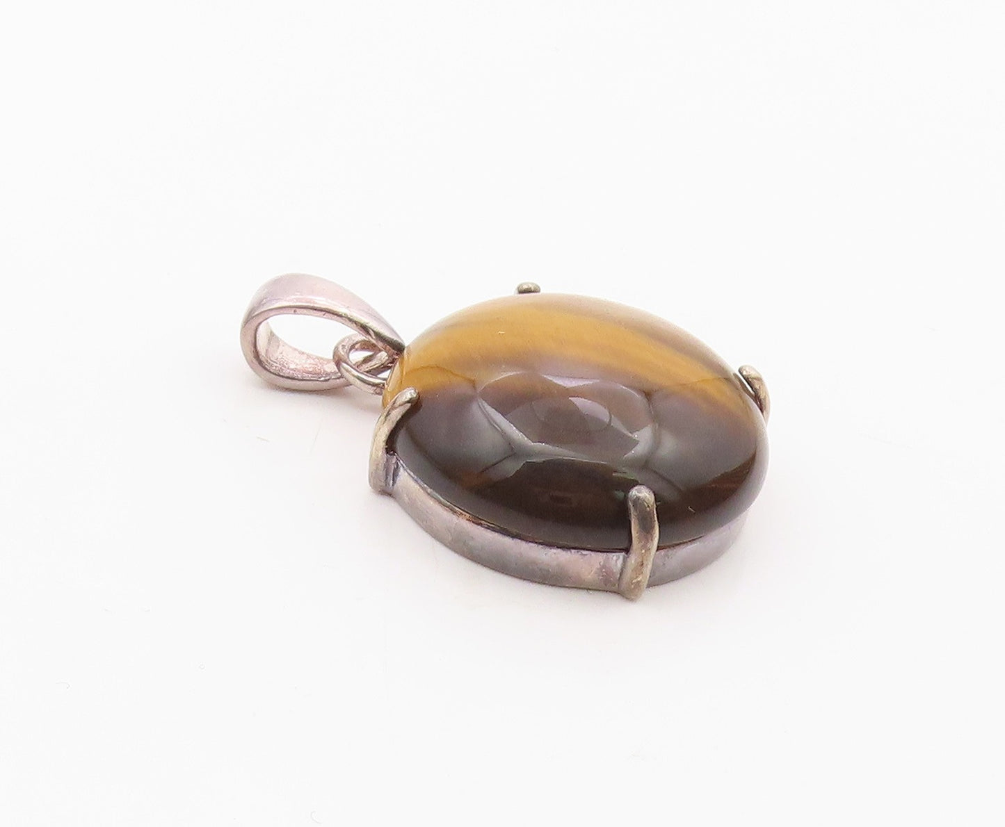 925 Sterling Silver  Vintage Cabochon Cut Tiger's Eye Drop Pendant  PT7710