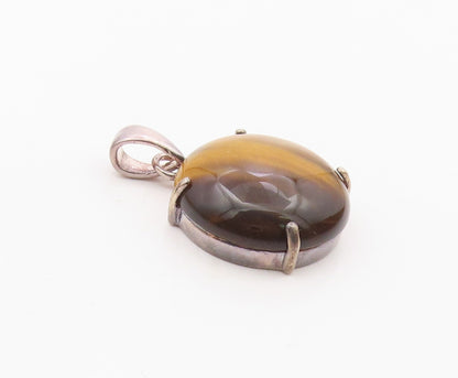 925 Sterling Silver  Vintage Cabochon Cut Tiger's Eye Drop Pendant  PT7710