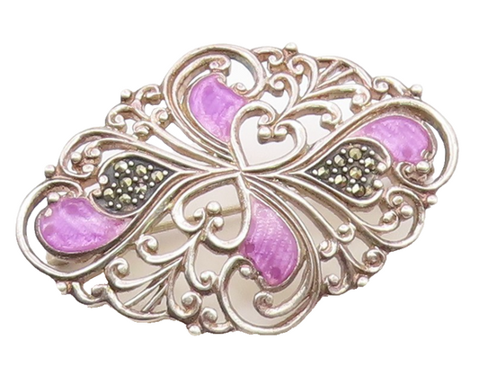 925 Sterling Silver  Vintage Marcasite Love Heart Swirl Brooch Pin  BP4310