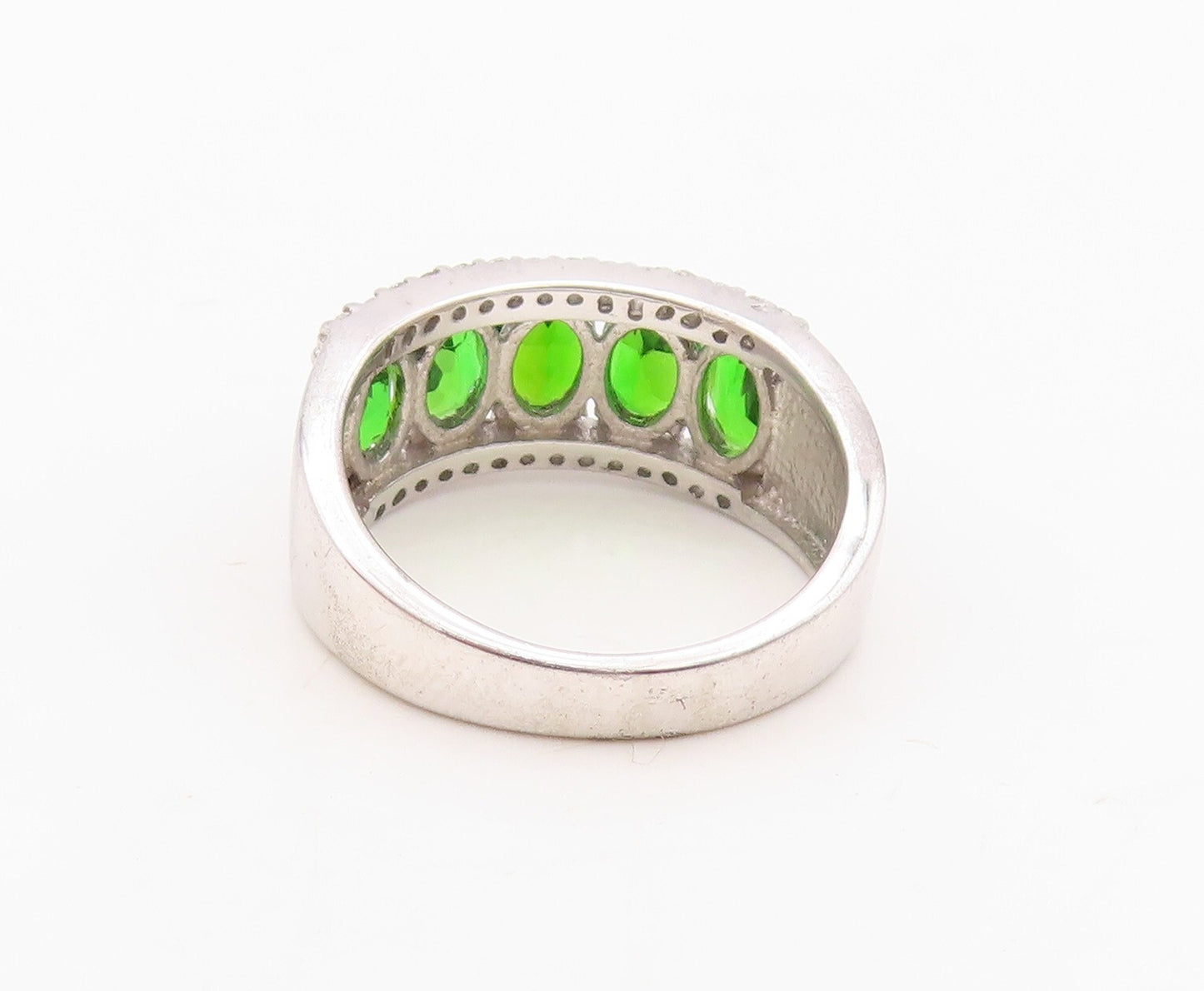 925 Sterling Silver Vintage Ring Oval Cut Green & White CZ Inlay Sz 7 RG30002